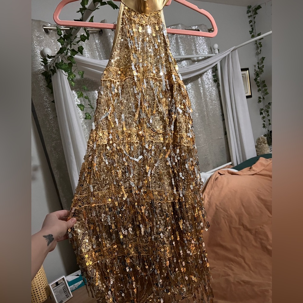 Gold flapper dress/leotard with sequins and high neck